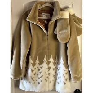 Vintage Albina Tan Faux Fur Jacket White Tree Pattern Matching Mittens Wm’s XL